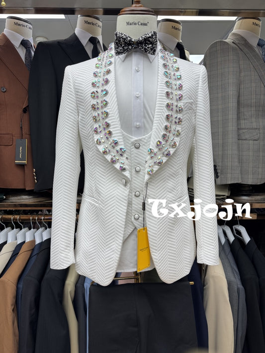Jacquard Men's Luxurious Crystal Suits 3 Pieces Wedding Groom Sets,White Shawl Lapel Man Tuxedo For Party,Elegant Dancing Set