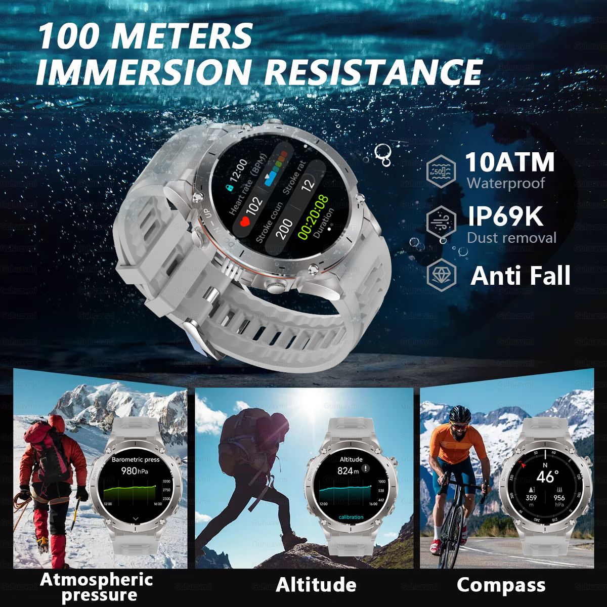 Novo T-Rex 3 GPS Smart Watch AMOLED de 1,43" à prova d'água 10ATM GNSS de banda dupla integrado Bússola Militar Esportivo Smartwatch Pulseira Masculina
