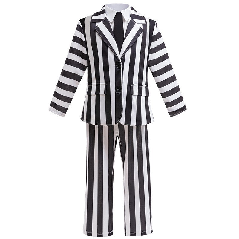 2025 New Halloween Cosplay Costume Black Society Master Stripe Cosplay Suit Set Performance Dress Classic Stripe Two Piece Set