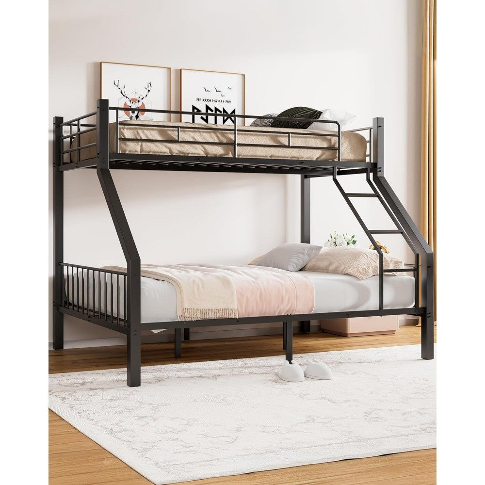 Twin XL Over Queen Bunk Bed, Heavy Duty Bunk Bed with Safety Ladder and Full-Length Guardrails, Metal Queen Bed Frame