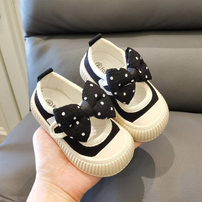 Girls Fashion Shoes Canvas Sneaker Kids Polka Dot Bow Princess Flats Breathable Baby Shoes Student Soft Sole Casual Spring Shoes