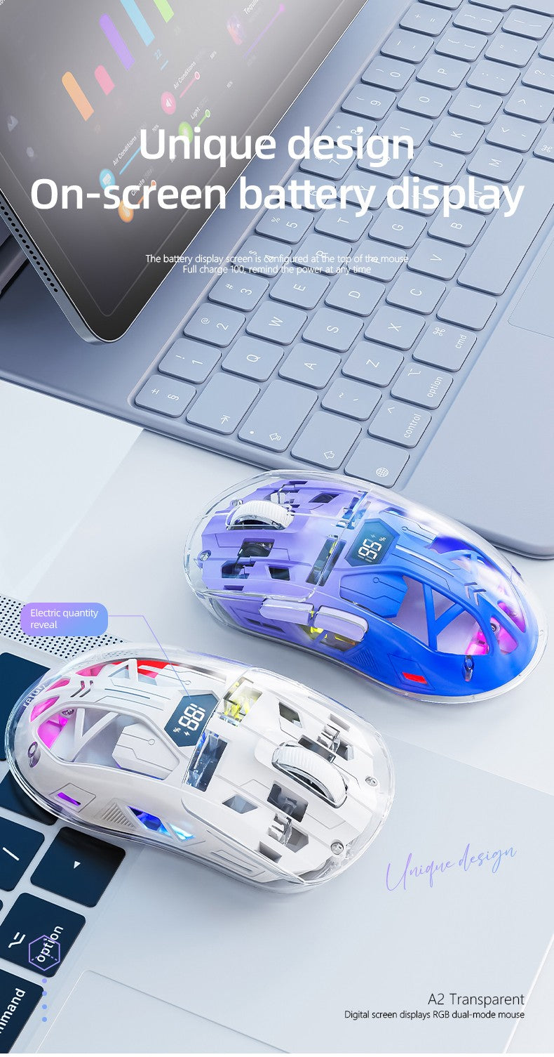 Mouse Bluetooth A2 com tela digital transparente RGB, conexão sem fio de modo duplo, compatível com Win/Mac