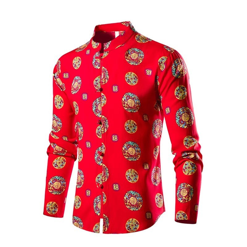Chinese Style Men's Stand-up Collar Long-sleeved Shirt, Single-breasted Printed Shirts, Fashion Casual Camisas, Red Green Blue