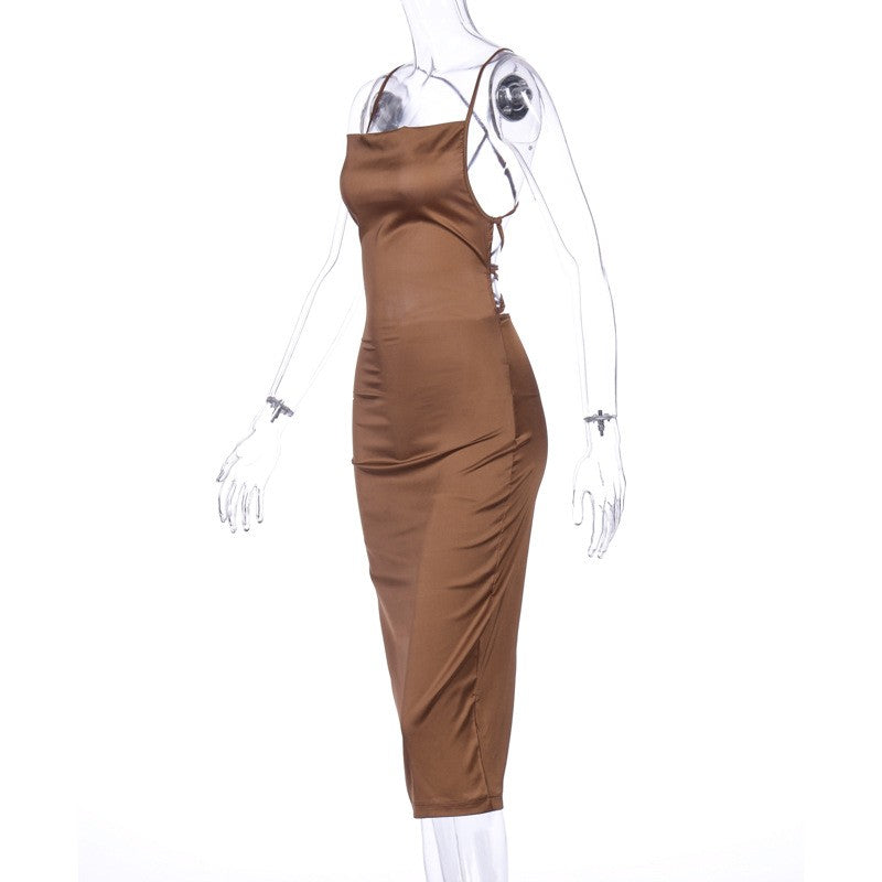 Neon Satin Lace Up Women's Long Midi Dress Light Pink Bodycon Backless Elegant P