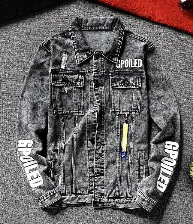 Jeans Coat for Men Hip Hop with Print Ripped Button Black Hole Denim Jackets Man Size L Large Lxury Worn Cowgirl Fast Delvery G