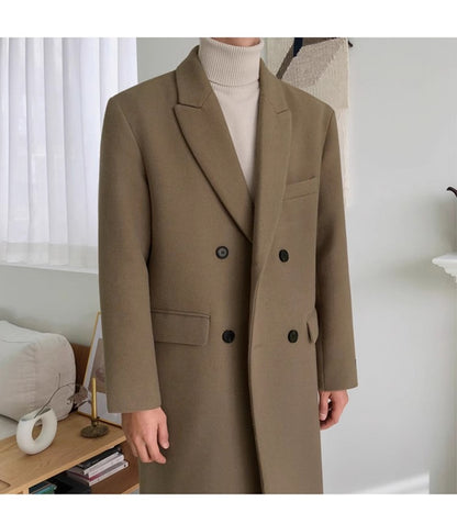 Mauroicardi Autumn Winter Long Warm Camel Black Woolen Coat Men Double Breasted Korean Style Wool Blends Overcoat with Back Slit