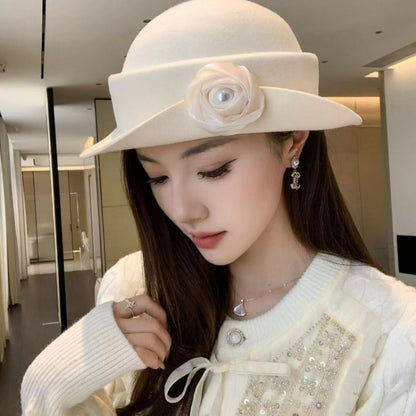 French light luxury Australian wool felt hat Hepburn style camellia flower small brim basin hat women elegant banquet top hat