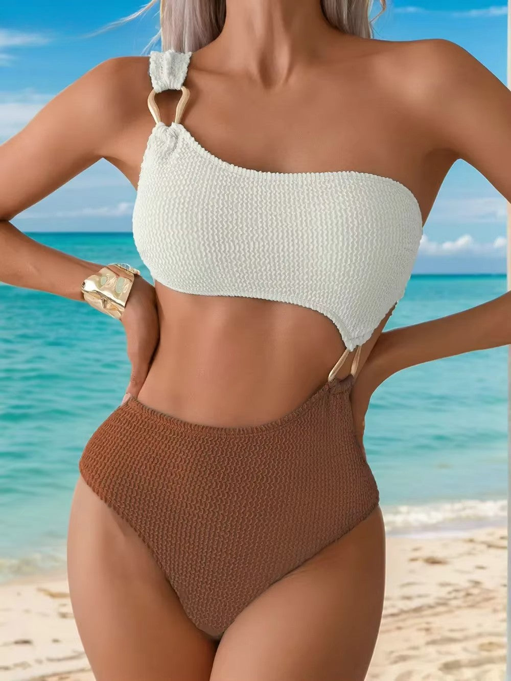 Summer Women Color Block One Piece Swimsuits One Shoulder Cutout Bathing Suits Sexy Bikinis Sets Backless Beachwear