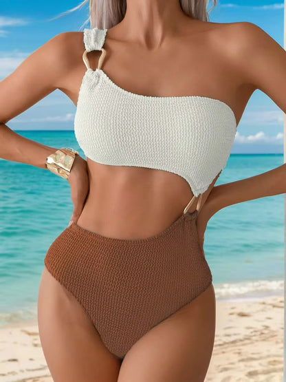 Summer Women Color Block One Piece Swimsuits One Shoulder Cutout Bathing Suits Sexy Bikinis Sets Backless Beachwear