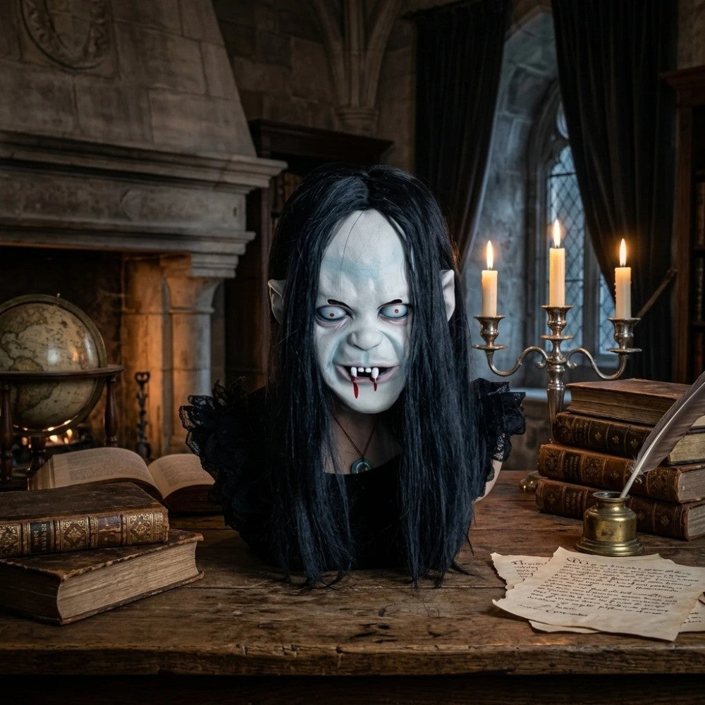 Scary Sadako Ghost Full Head Latex Mask Long Straight Black Hair Pale White Face Bloody Vampire Fangs Creepy Horror Female Spirit Mask For Halloween Carnival Cosplay Masquerade Haunted House Bar Party Prank Trick Photo Booth Costume Decoration Accessory