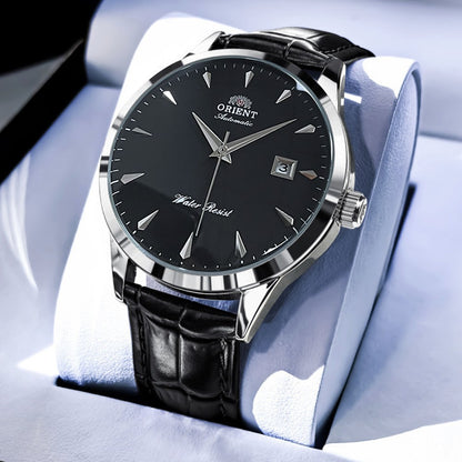 Orient Automático Masculino, Mostrador Preto, Pulseira de Aço Inoxidável, Relógio de Pulso Clássico de Negócios Resistente à Água com Exibição de Data