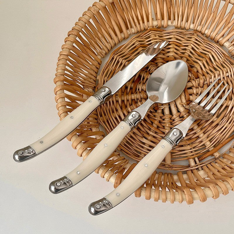 Conjunto 6 Peças Talheres Laguiole Branco Prata Facas Garfos Colheres Bife Conjunto Polimento Espelhado Coleção Inox Talheres Natal Colher de Chá