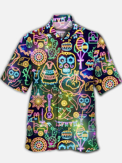 2024 Fashion Men's Hawaiian shirts Mexican Style Colorful Graffiti Art Poster Prints Short Sleeve Shirt  Hawaii style clothing