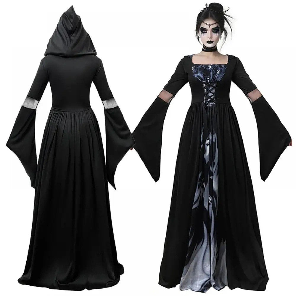 Halloween Witch Dress Gothic Vintage Dark-Style Hooded Vampire Dresses Bell Sleeves Full Skirt Waist Cinched Festival Party Gown