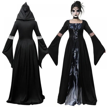 Halloween Witch Dress Gothic Vintage Dark-Style Hooded Vampire Dresses Bell Sleeves Full Skirt Waist Cinched Festival Party Gown