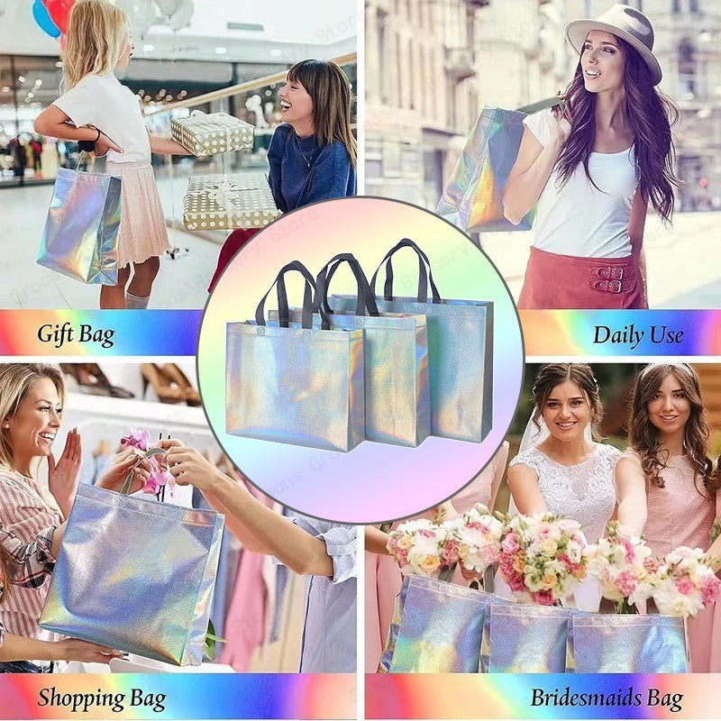 10Pcs Reusable Silver Laser Tote Bag Durable Non Woven Gift Shopping Bag for Wedding Bridesmaid Party Birthday Eco Friendly