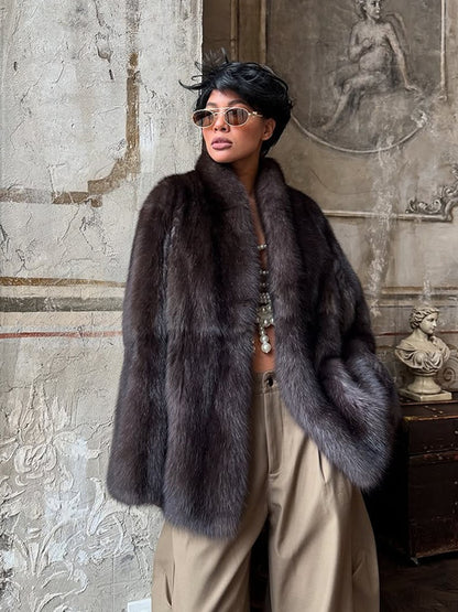 Casual Medium-length Fur Coat Women Fashion Lapel Hidden Button Loose Elegant Warm Outwear 2025 Fashion Office Commute Overcoat