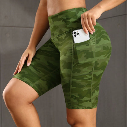 CHRLEISURE Women Solid Yoga Shorts with 3 Pockets High Waist Butt Lifting Workout Tights Gym Elastic Cycling Shorts Activewear