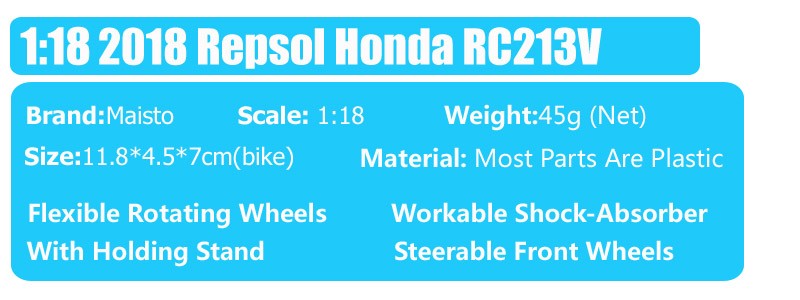 Crianças 1/18 Maisto Honda RC213V Repsol #26 Dani Pedrosa 2018 GP Modelo de Moto de Corrida Brinquedo Miniaturas Colecionáveis