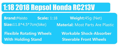 Crianças 1/18 Maisto Honda RC213V Repsol #26 Dani Pedrosa 2018 GP Modelo de Moto de Corrida Brinquedo Miniaturas Colecionáveis