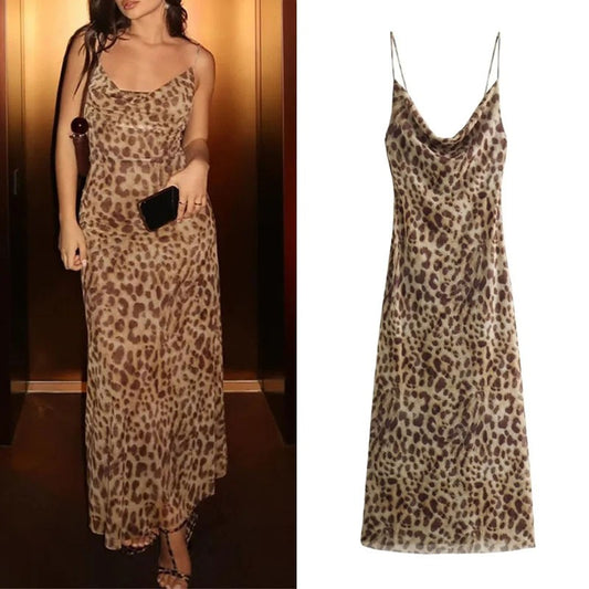 MUJER Leopard Print Long Dress Women Tulle Backless Slip Dress Woman Summer Sexy