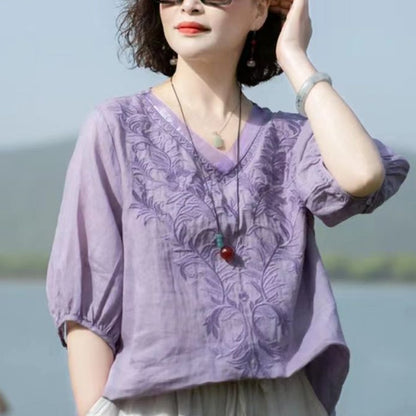 Summer New Literary Vintage Embroidery Cotton Linen Shirt Ladies Half Sleeve Loose Casual Fashion Blouse Women's Clothing Tops