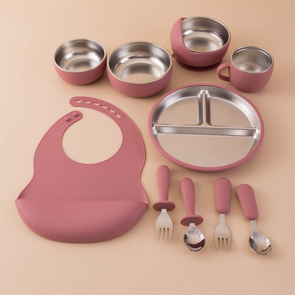 Color Kids 10PCS Infant Feeding Set Stainless Steel Silicone Tableware With Detachable Bowl Plate Bib Weaning Utensils For Baby