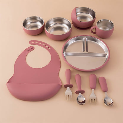 Color Kids 10PCS Infant Feeding Set Stainless Steel Silicone Tableware With Detachable Bowl Plate Bib Weaning Utensils For Baby