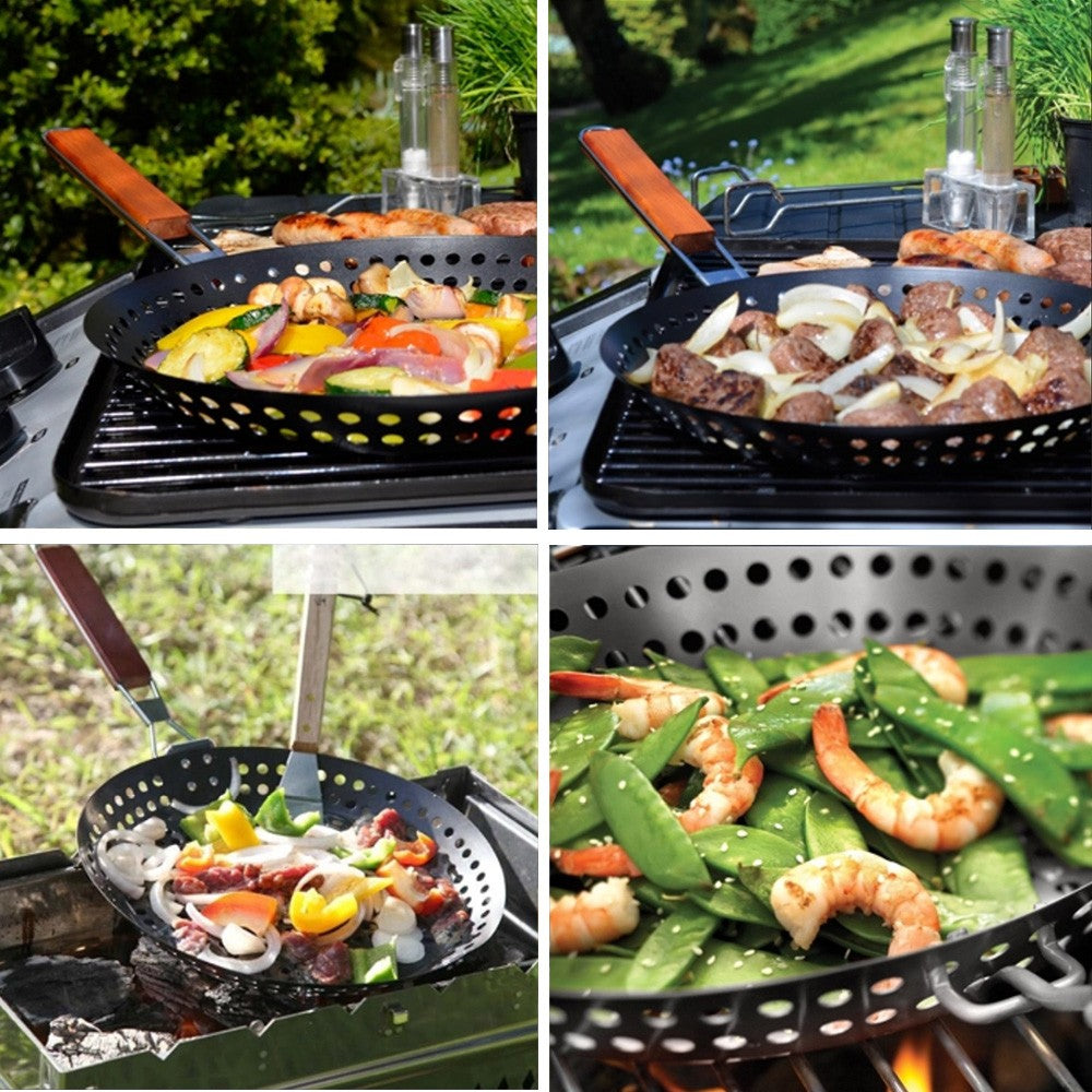 Non-stick Metal Grilling Skillet Handle Removable Handle for Outdoor Grill Topper Barbecue Pan for Vegetables Seafood Meat