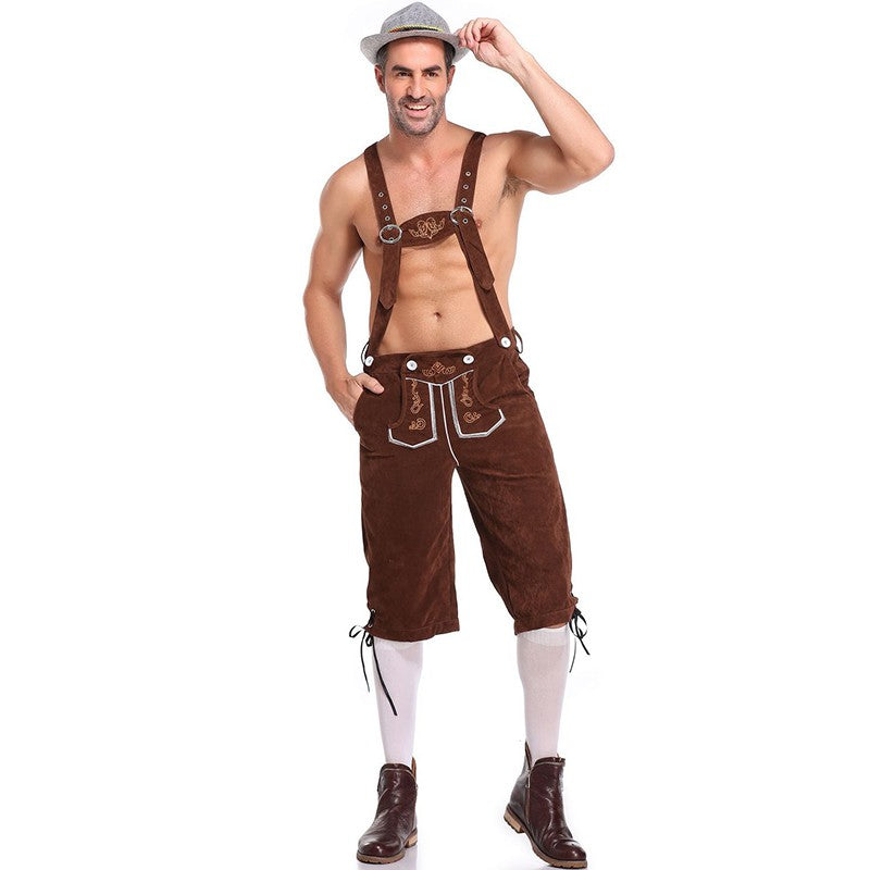 Germany Oktoberfest Costumes Adult Men Traditional Bavarian Beer Shorts Outfit Overalls Shirt Hat Suspenders Set Halloween Cloth