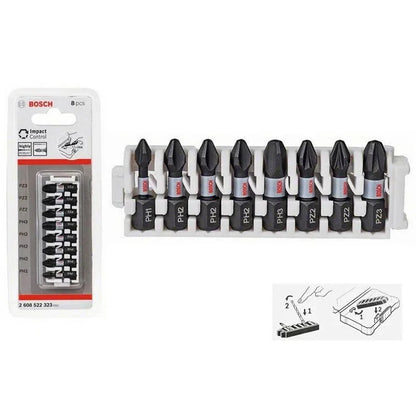 BOSCH 2608522323 Jogo de Pontas de Parafusadeira PH1 PH2 PH3 PZ2 PZ3 25mm, Conjunto de 8 Peças, Conjunto de Pontas Cruzadas, Acessórios para Ferramentas Elétricas