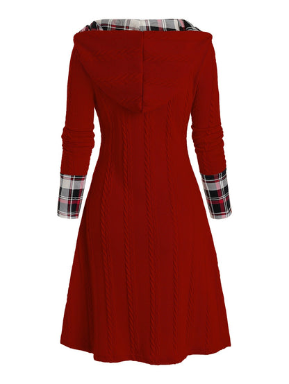 Knitted hooded dress plaid print stitching fake buckle high waist long sleeve A-line dress female