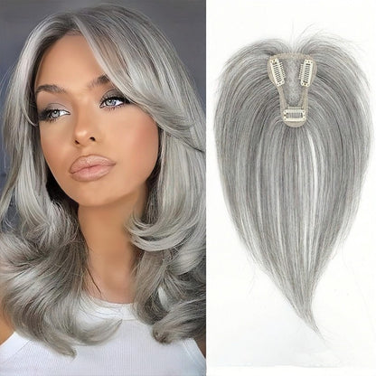 Peruca feminina, com franja para cobrir os cabelos brancos e uma peça de reposição fina e invisível para o cabelo