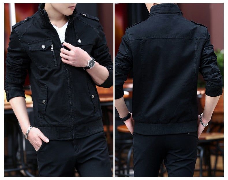 Korean Fashion Stand-up Collar Denim Cargo Coat 2023 Spring Autumn New Men's Jacket Men's Zipper Pocket Stitching Slim Jacket