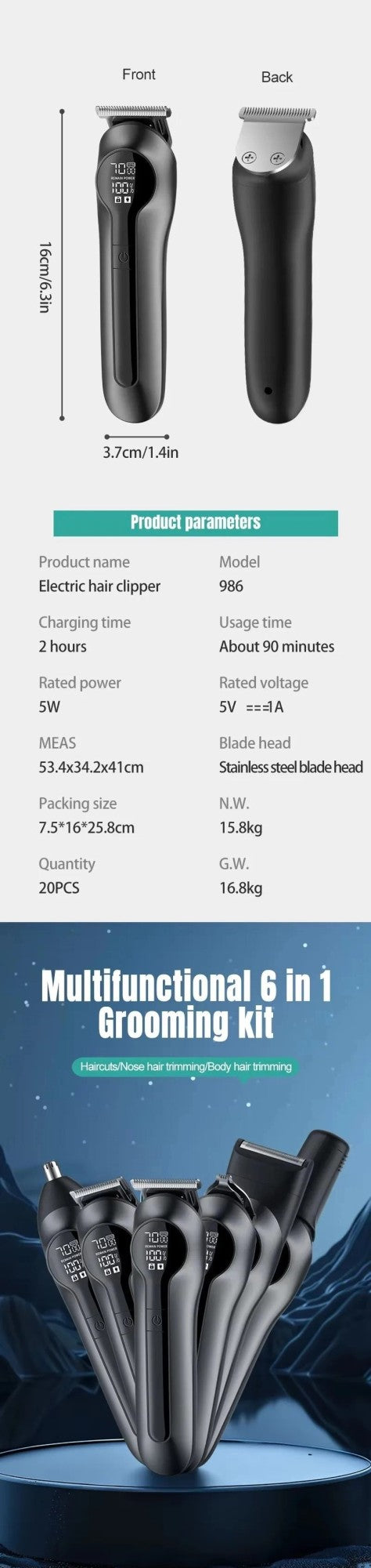 Xiaomi Youpin 6-in-1 Multifunctional Grooming Kit Hair Clipper With Digital Display High Power Electric Shaver Nose Hair Trimmer