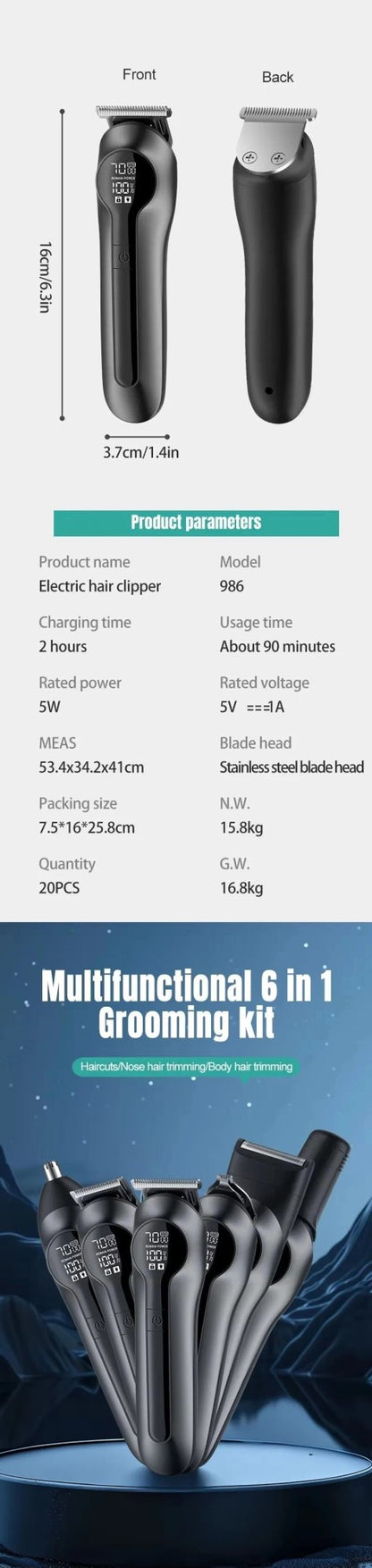 Xiaomi Youpin 6-in-1 Multifunctional Grooming Kit Hair Clipper With Digital Display High Power Electric Shaver Nose Hair Trimmer