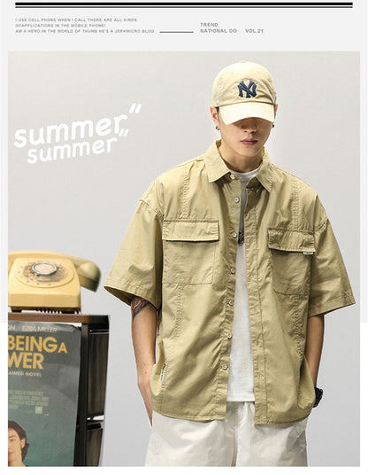 Summer Japanese Cargo Short Sleeve Shirt Men's Pockets Button Turn-down Collar Shirts Fashion Casual Cardigan blouses Tops