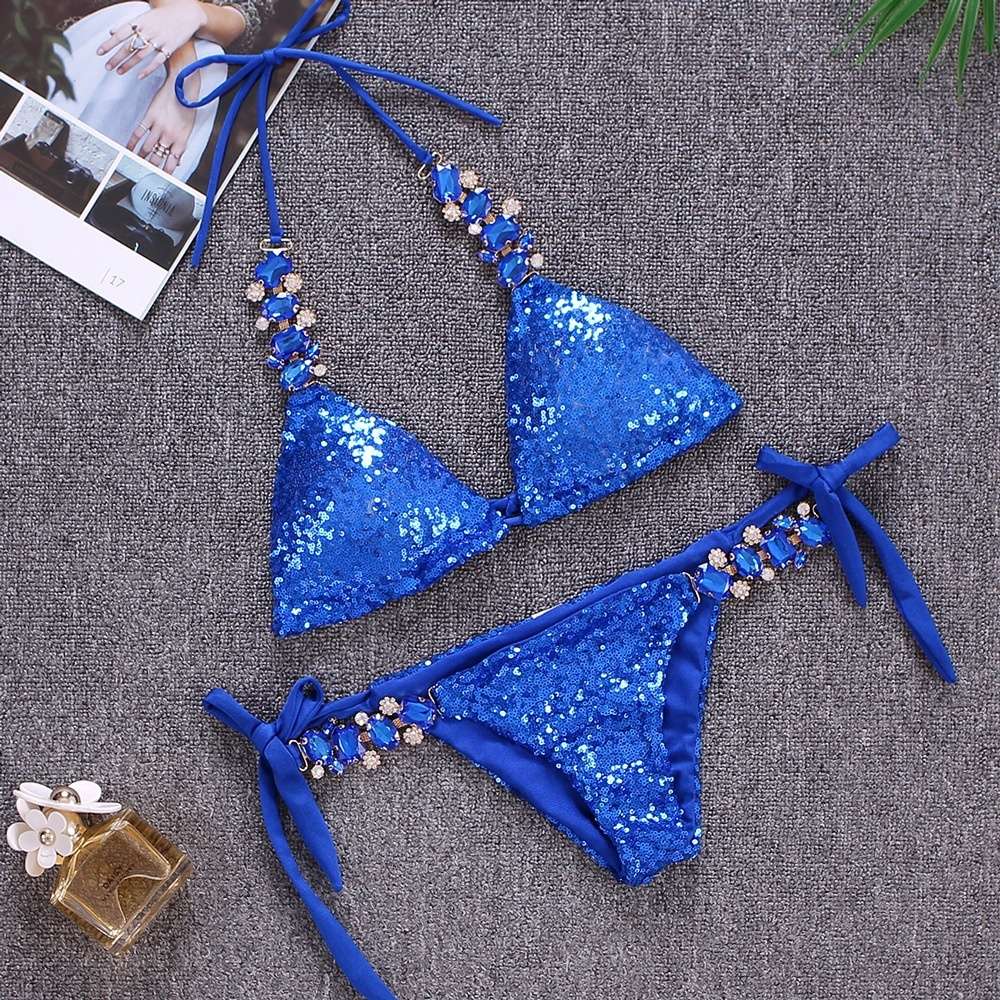 Sequins Sexy Bikinis Swimsuit With Rhinestones Women Swimwear Female Push Up Bikini Beach Swim Wear Bathing Suits Pool Bather