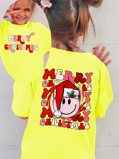 Camiseta Menina de Natal Feliz Natal Roupa Infantil de Férias Algodão Tee Top Roupa Festiva Infantil Roupa de Festa de Natal para Menina
