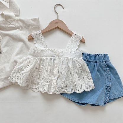 Girls Children Outfit Sets Summer Kids Clothes Lace Edge Pure White Baby Girl Casual White Hollow Vest Top Suspender+Denim Skirt