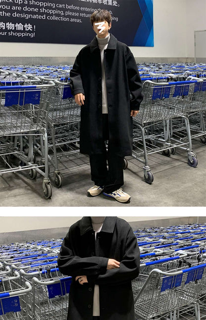 Blends Men X-long Autumn Winter Korean Style Trendy Loose Overcoats Solid Handsome All-match College Harajuku Clothing Mid-calf