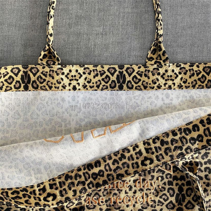 Korean Fashion Leopard Pattern Shoulder Bag Trendy Letter Embroidery Tote Bags Women Canvas Large Capacity Handbag Shopping Bags