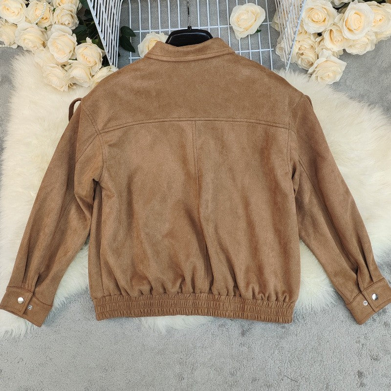 2025 Autumn Fashion Casual Solid Suede Jackets Women Street Stand Collar Full Sleeve Zippers Loose Coats Female  Jacke