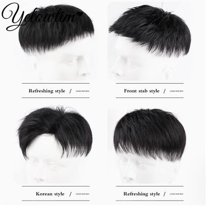 Peruca Masculina Sintética Curta com Topo de Cabelo Yelowtim para Jovens com Calvície, Queda de Cabelo, Entrada Alta, Extensões de Cabelo com Clip