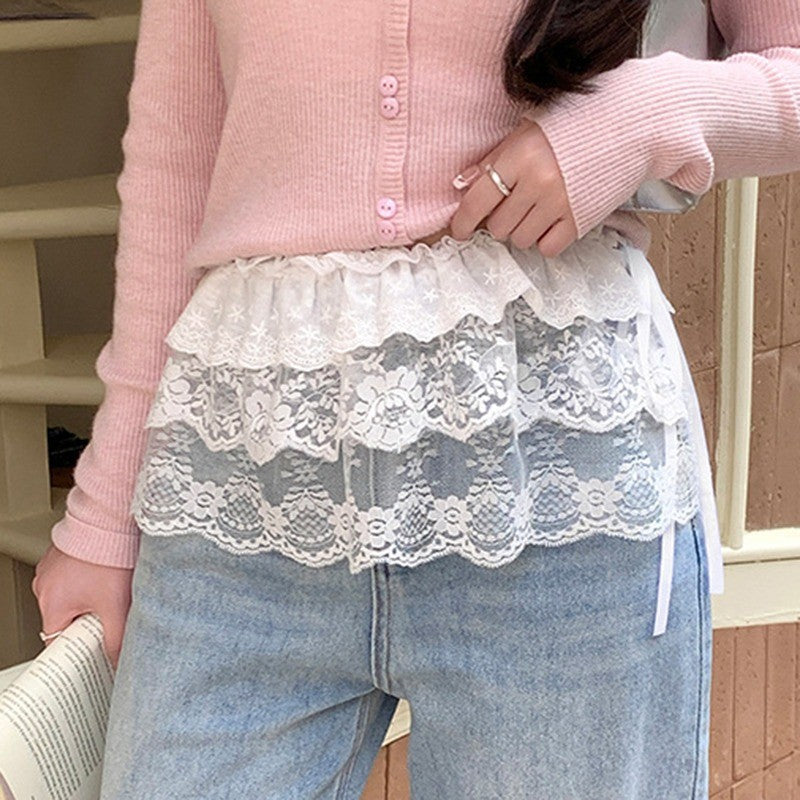 New Embroidered Flower Lace Mini Skirt See Through Y2K Streetwear Ruched Skirts Harajuku Butt Curtain Jeans Decoration
