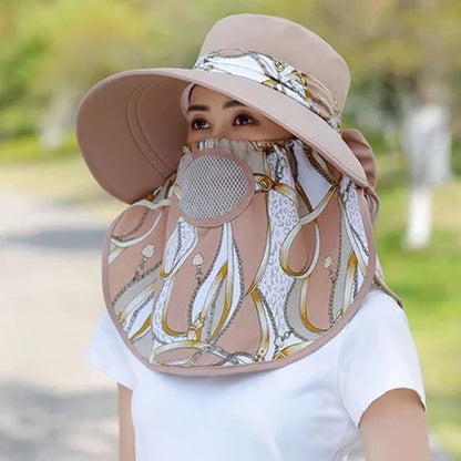 Verão Mulheres Exterior Estampa Chapéu Pescador Proteção UV Aba Larga Chapéu Jardim Trabalho Sombra Respirável Máscara Facial Destacável Quepe
