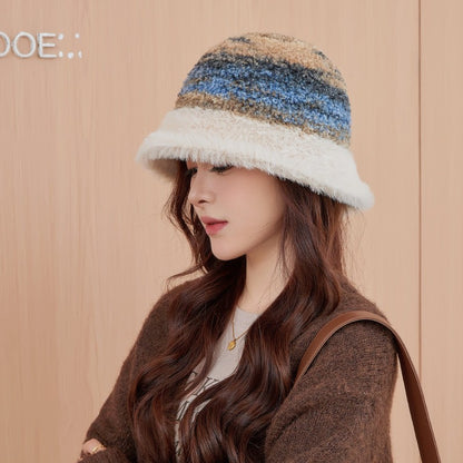 New Warm Luxury Bucket Hat For Women Plush Patchwork Autumn Winter Wool Felt Stripe Large Bucket Hat Colorful Faux Fur Hat Cap