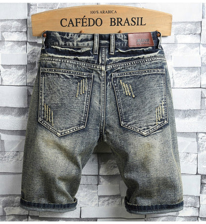 High Quality Men's Summer Holes Denim Shorts Jeans Men Straight Retro Shorts Jeans Men Knee Length Cowboy Jeans Shorts Size 40