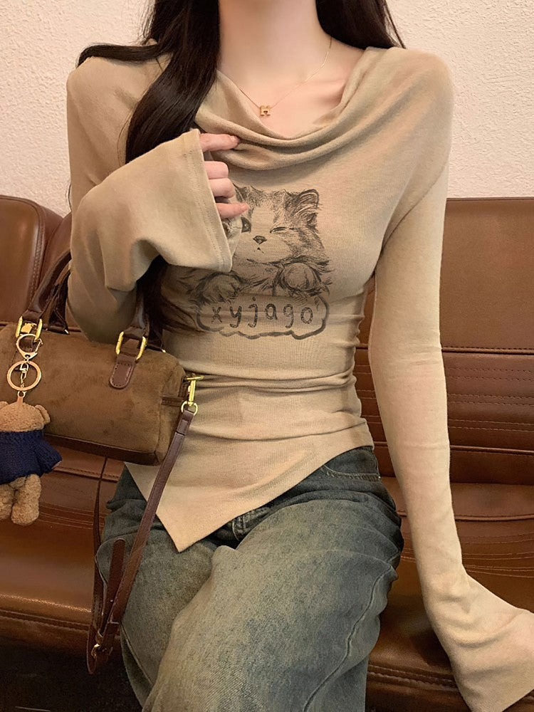 Y2k Cat Long sleeve T-shirt Women Luxury Korean Graphic Off shoulder Top Casual Lady Basic Tees Slim Sexy