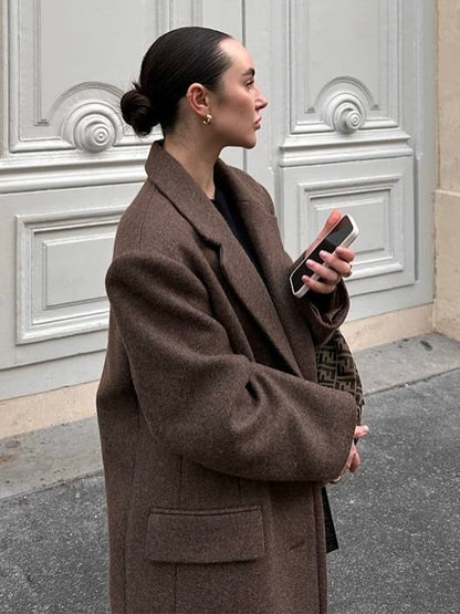 Women Elegant Shoulder Pad Wool Blend Overcoat Brown Lapel Single-breasted Long Sleeve Coat 2025 Autumn Lady Commuter Outerwear